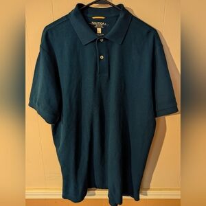 Nautica Mens Teal Blue Embroidered Logo Short Sleeve Polo Shirt Size Large
